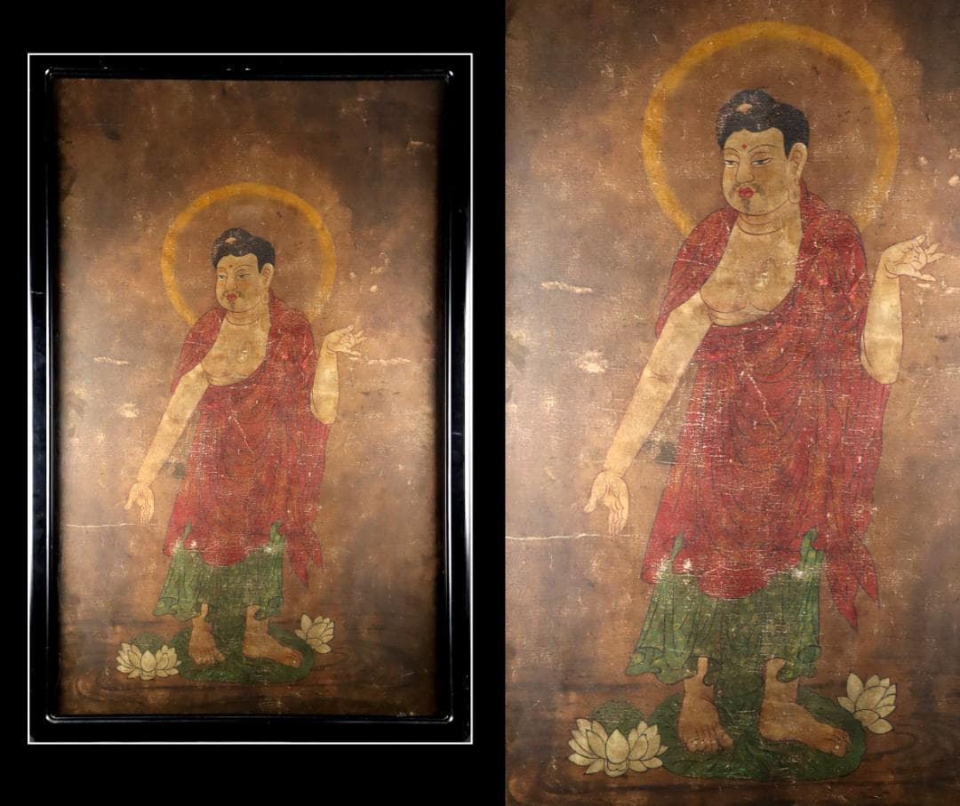 仏教美術 「阿弥陀如来図」 彩色 肉筆 60号 高麗仏画 時代古玩 唐物骨董