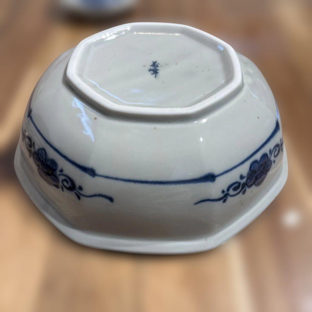新品春峰 八角形青白食器セット 7点 陶磁器
