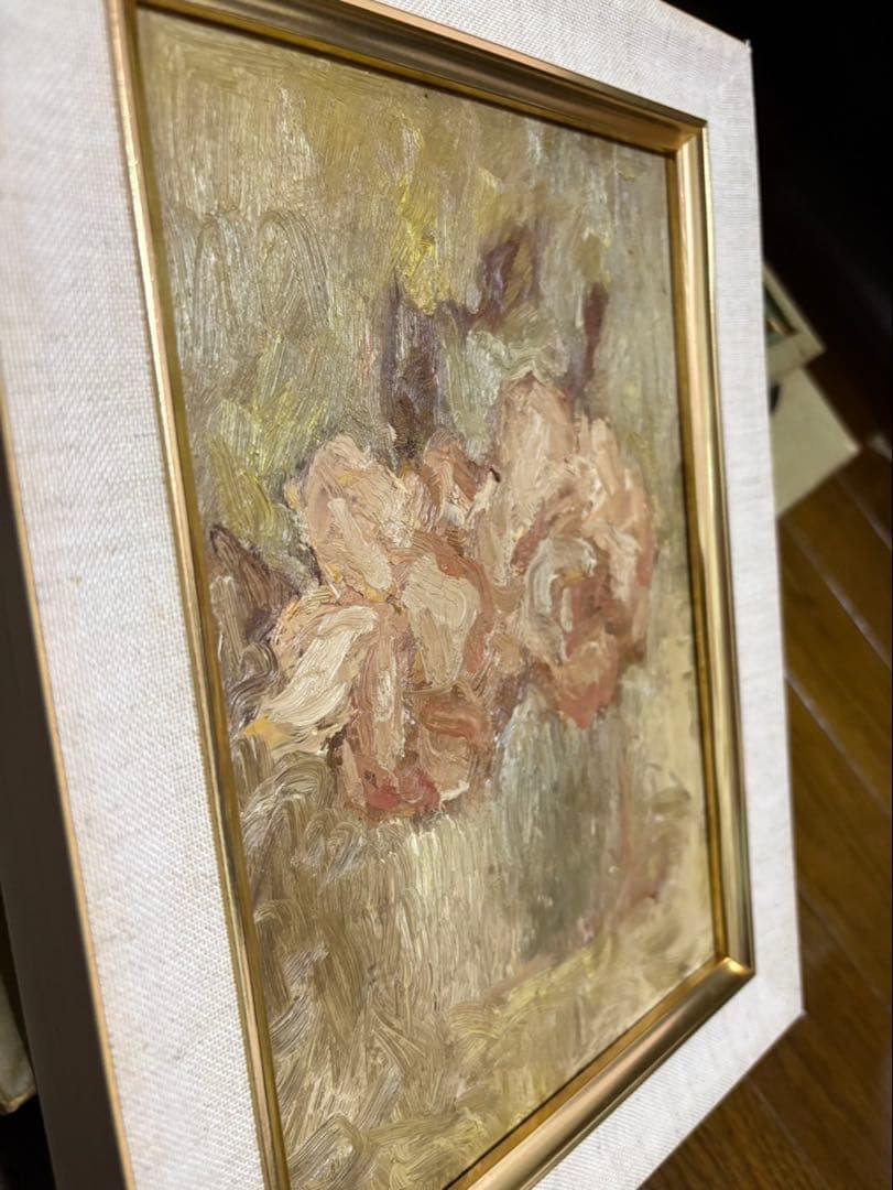 花の油彩画 金色フレーム付き
