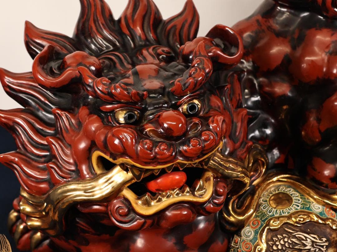 Anne　BK482　九谷 八幡窯 須栄義　玉獅子　龍　置物　床飾　高さ5
