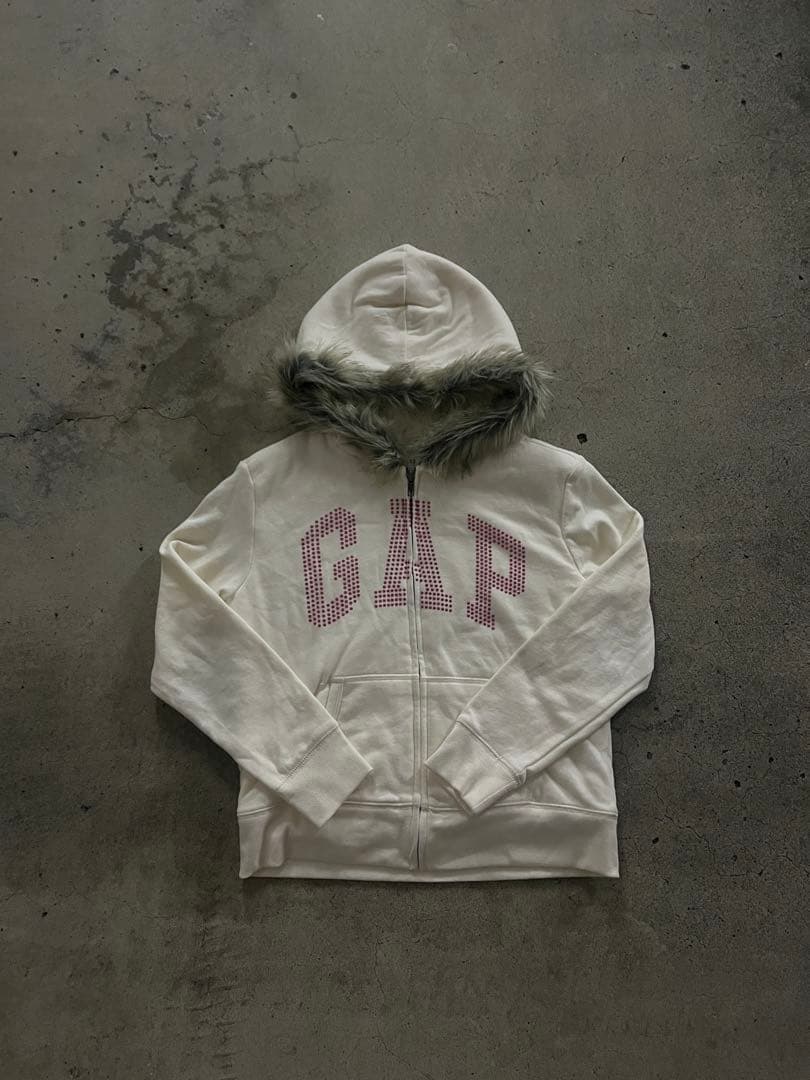 GAP ファー　ジップパーカー　ラインストン　 y2k 平成ギャル　短丈　白