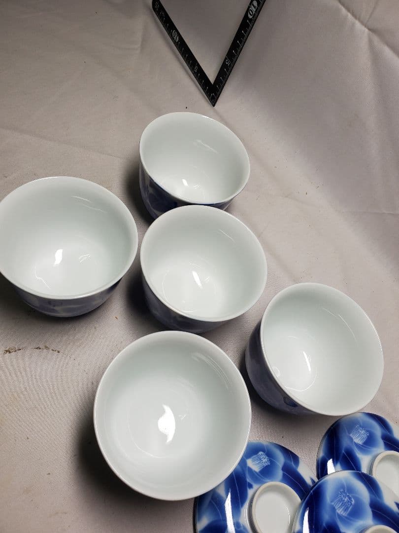 保管品　レトロ　深川製　むし茶わん　染付椿の図　5客