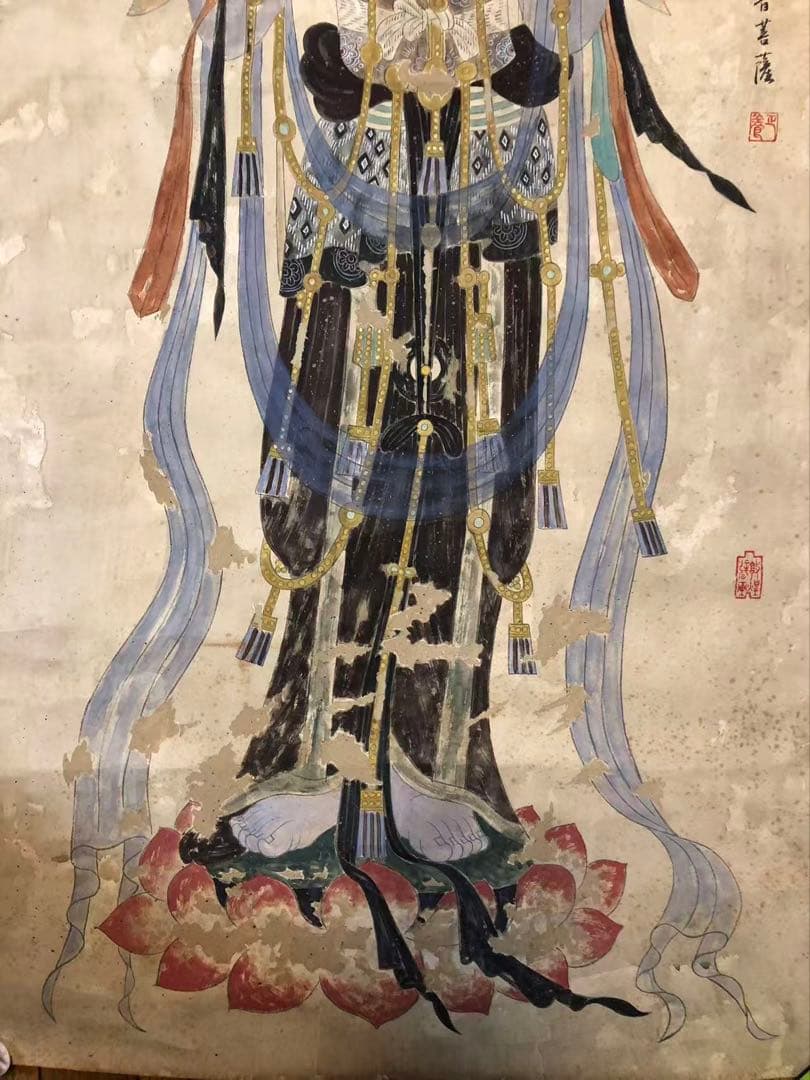 中国画 捲り　謝正飬［観音図　敦煌壁画］紙本　肉筆！