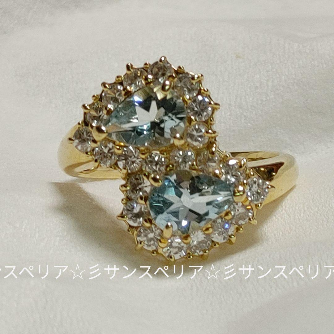 K18 アクアマリンとCZのデザインリング