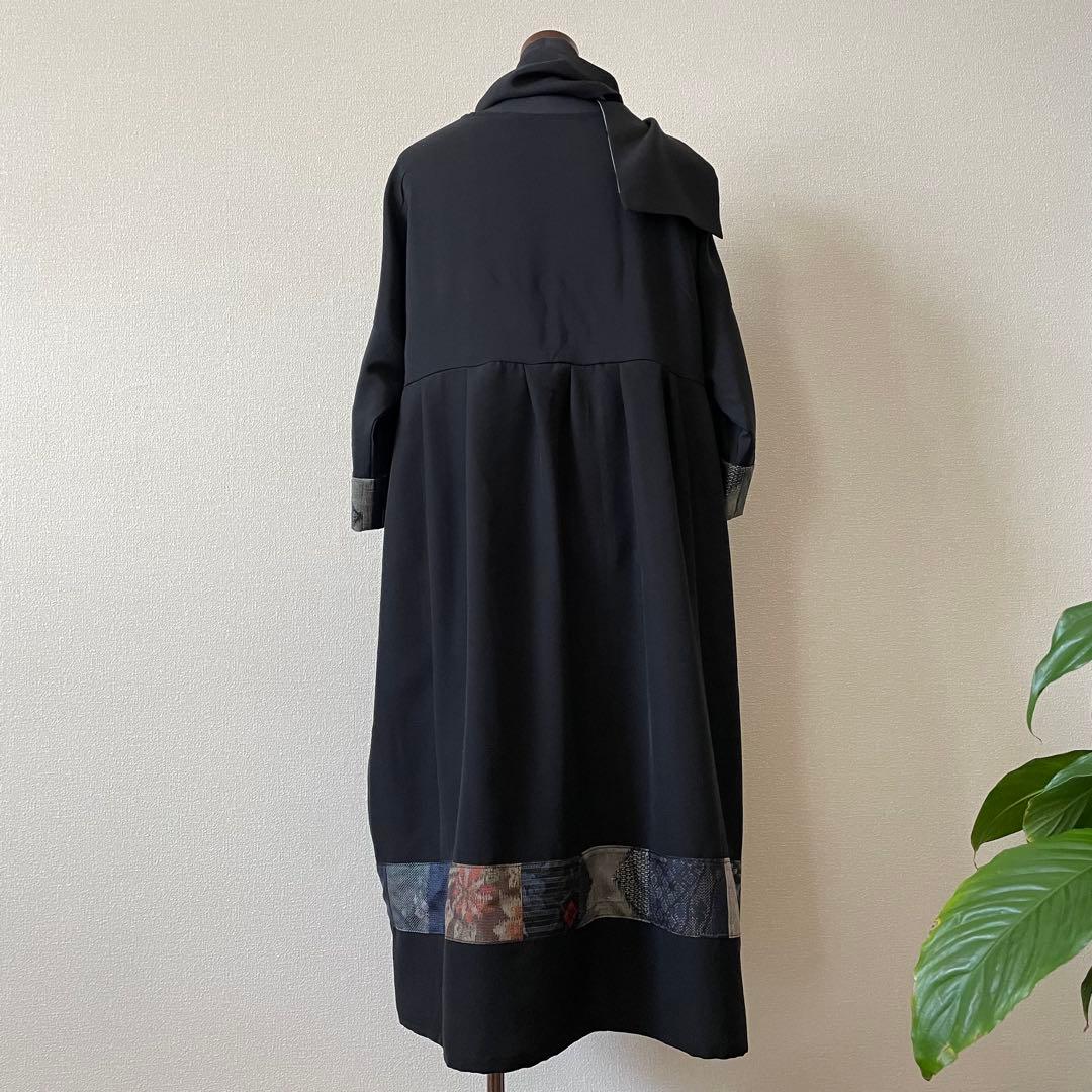 黒正絹　大島紬パッチワーク　ロングワンピース　着物リメイク