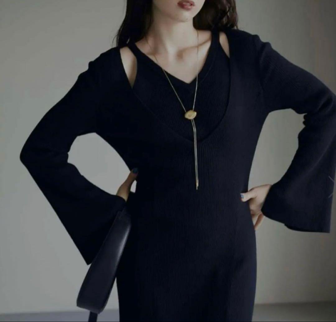 Ameri Vintage ブラックニットロングワンピース