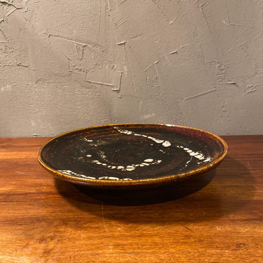 在銘 30cm大皿 黒釉 天目釉 仁作 骨董品 益子焼 時代物