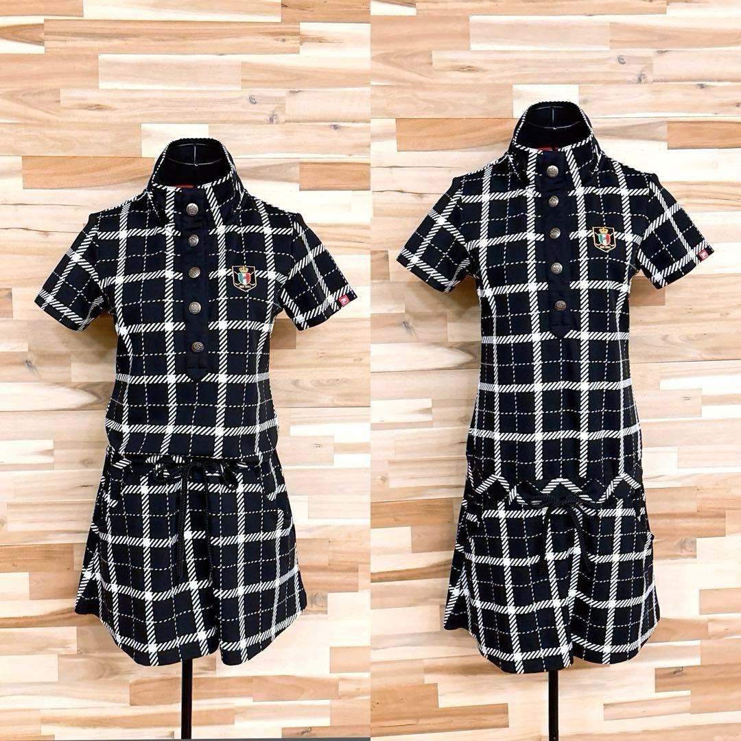 【フィラゴルフ】ゴルフ チェック柄 半袖 ポロシャツ ワンピース M 黒×白