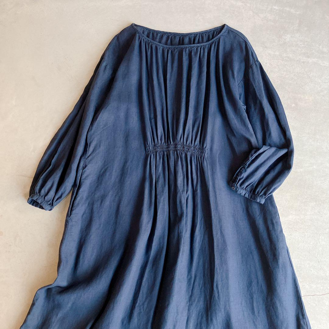 美品✦ฺnest robe リネンワンピース　ネイビー　ギャザー