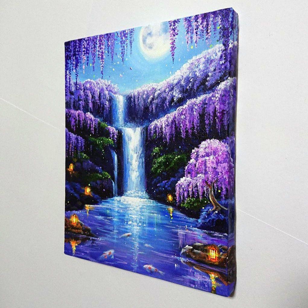 【藤が輝く夜】アクリル画 F3 風景画 絵画
