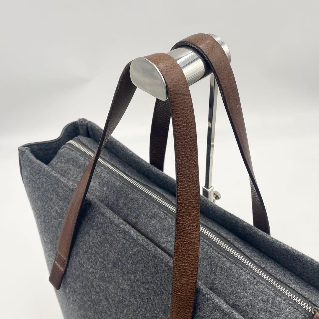 【美品】ブルネロクチネリ フェルト×レザートートバッグ 大容量 メンズ グレー