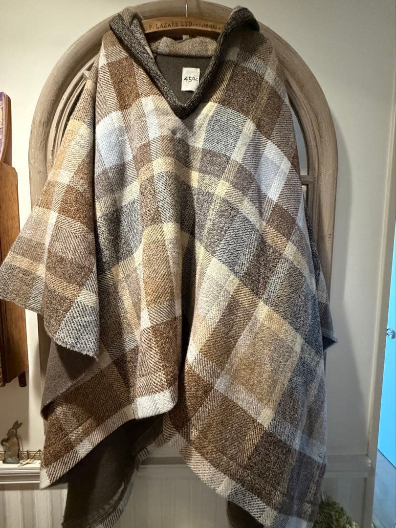 美品【45R】HAPPY 14 ツイードPONCHO ウール
