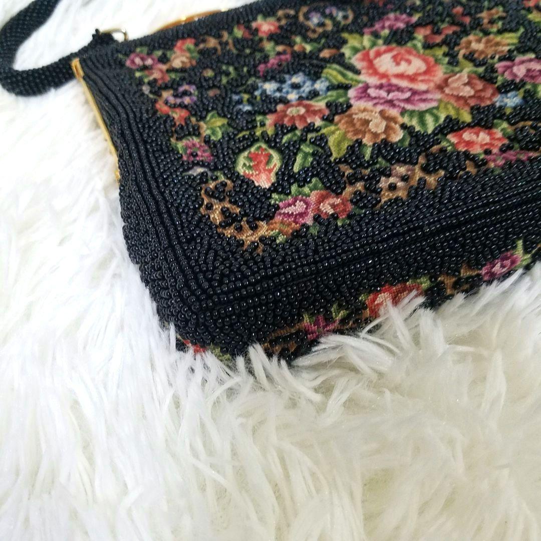【極美品】プチポワン ビーズバッグ 花柄刺繍 がま口 ヴィンテージ