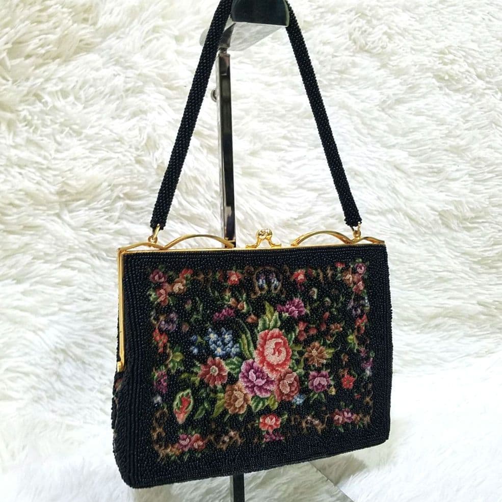 【極美品】プチポワン ビーズバッグ 花柄刺繍 がま口 ヴィンテージ