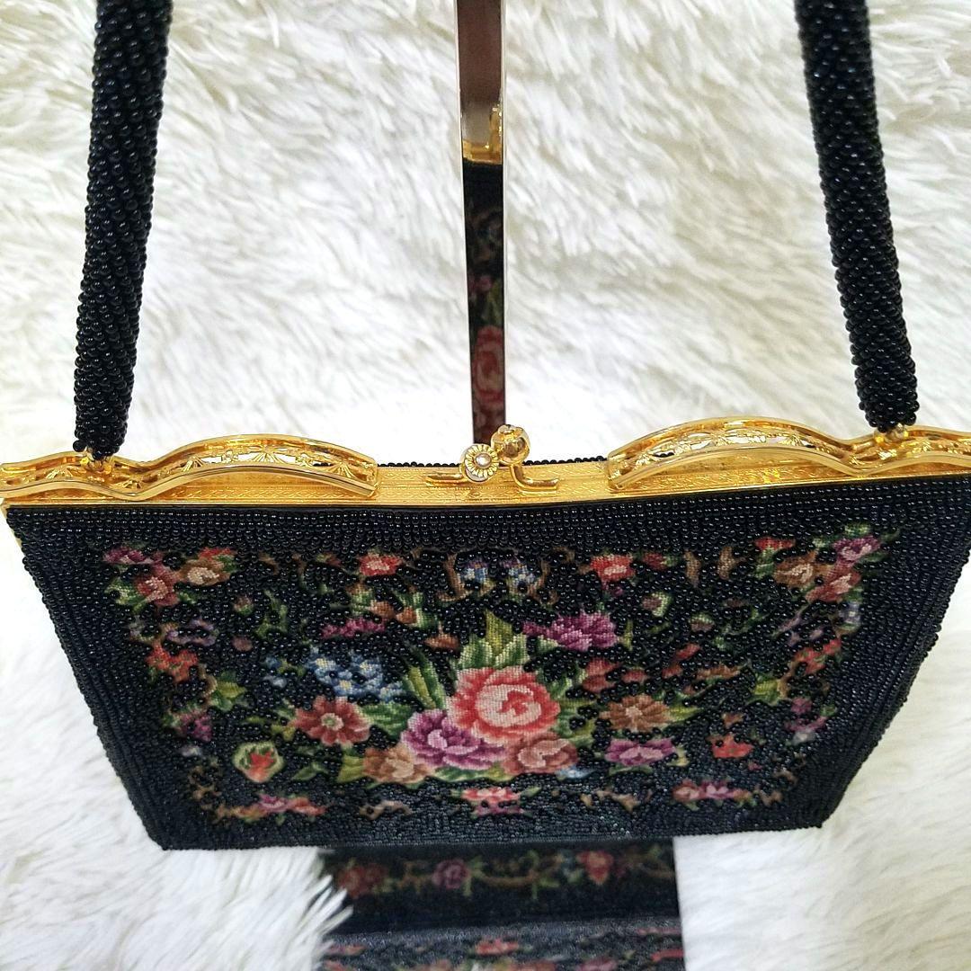 【極美品】プチポワン ビーズバッグ 花柄刺繍 がま口 ヴィンテージ