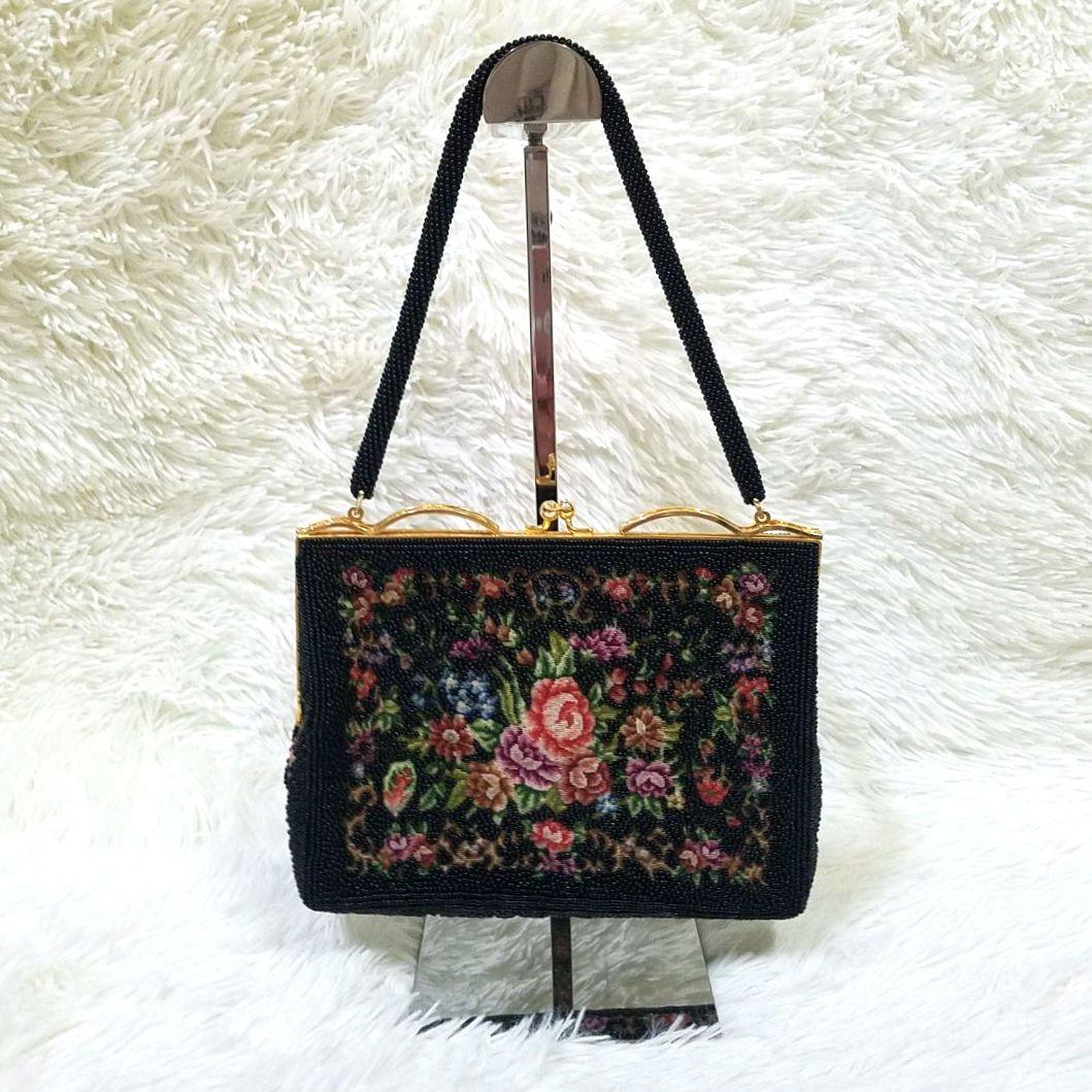 【極美品】プチポワン ビーズバッグ 花柄刺繍 がま口 ヴィンテージ