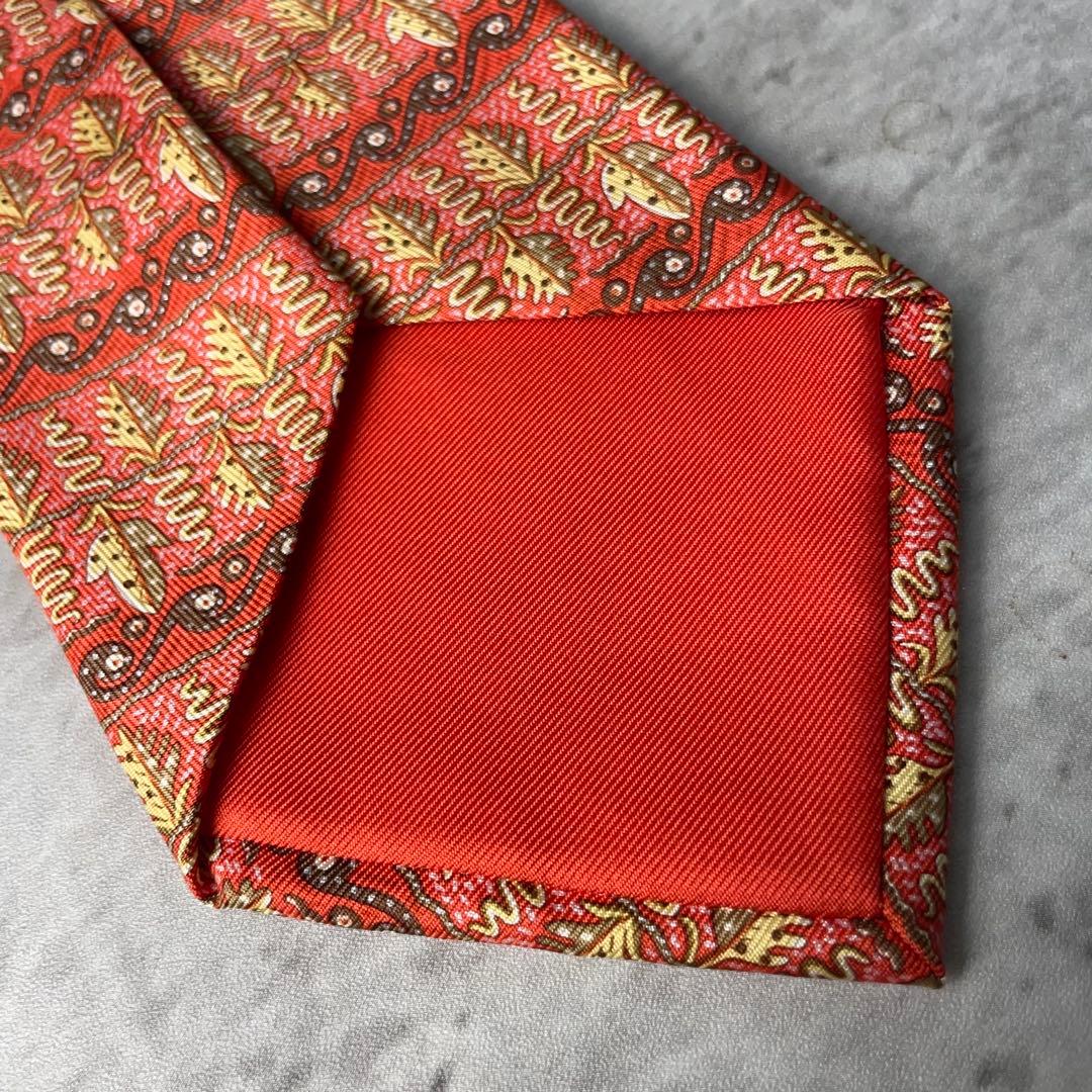 美品 HERMES エルメス ボーダー 葉柄 ヘビ ネクタイ レッド 赤