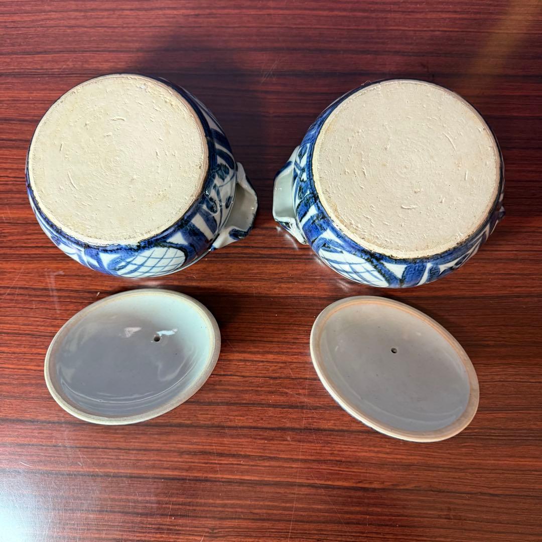 民藝 染付 蓋物 両耳壺 小壺 やちむん風 民芸陶器 2客　和食器 13.8cm