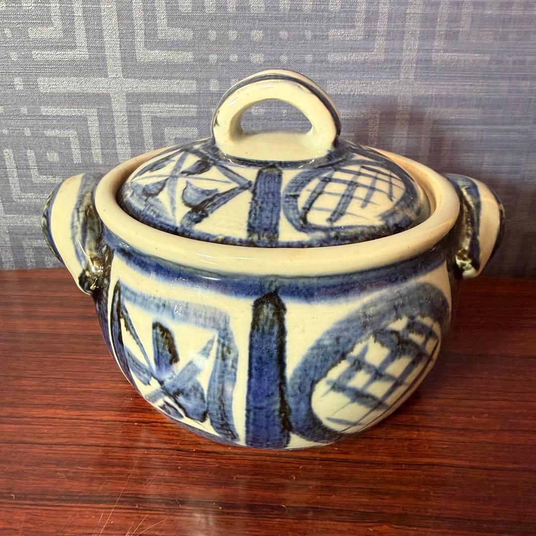 民藝 染付 蓋物 両耳壺 小壺 やちむん風 民芸陶器 2客　和食器 13.8cm