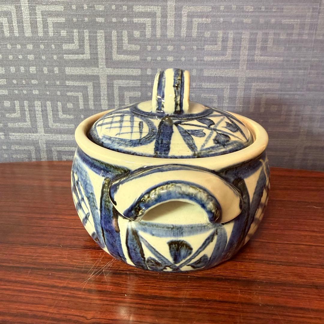 民藝 染付 蓋物 両耳壺 小壺 やちむん風 民芸陶器 2客　和食器 13.8cm