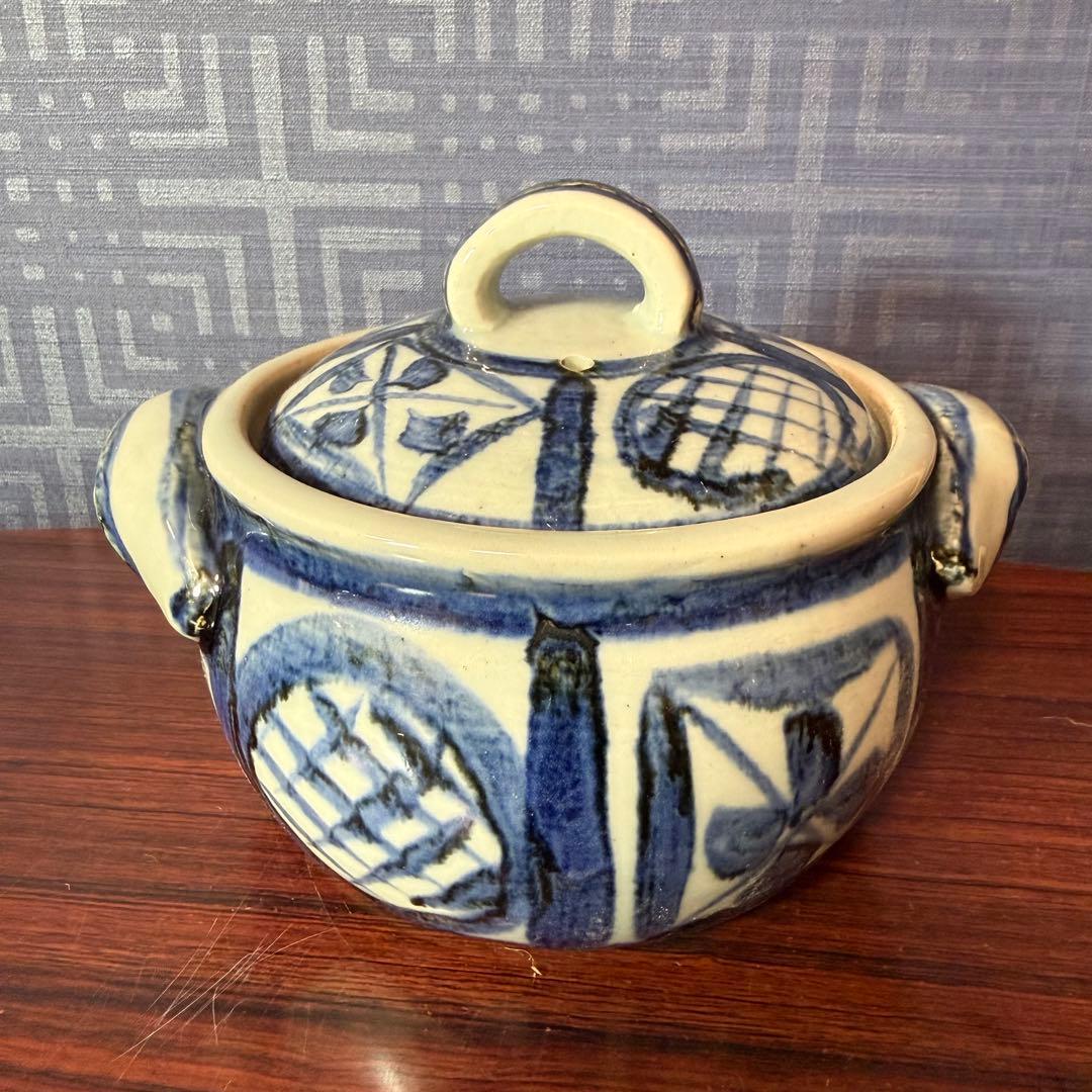 民藝 染付 蓋物 両耳壺 小壺 やちむん風 民芸陶器 2客　和食器 13.8cm