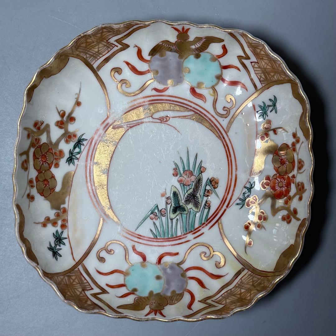 古伊万里　色絵　金蘭手　白鷺文様　梅文様　菊花四角形　膾皿　5個　器を楽しむ