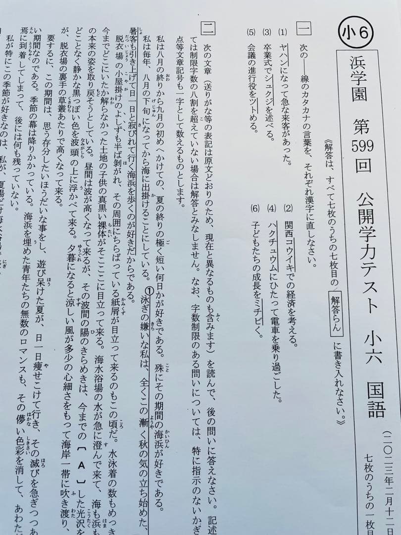 浜学園 小6 2023年、2024年度 2年分 4科目 公開学力テスト