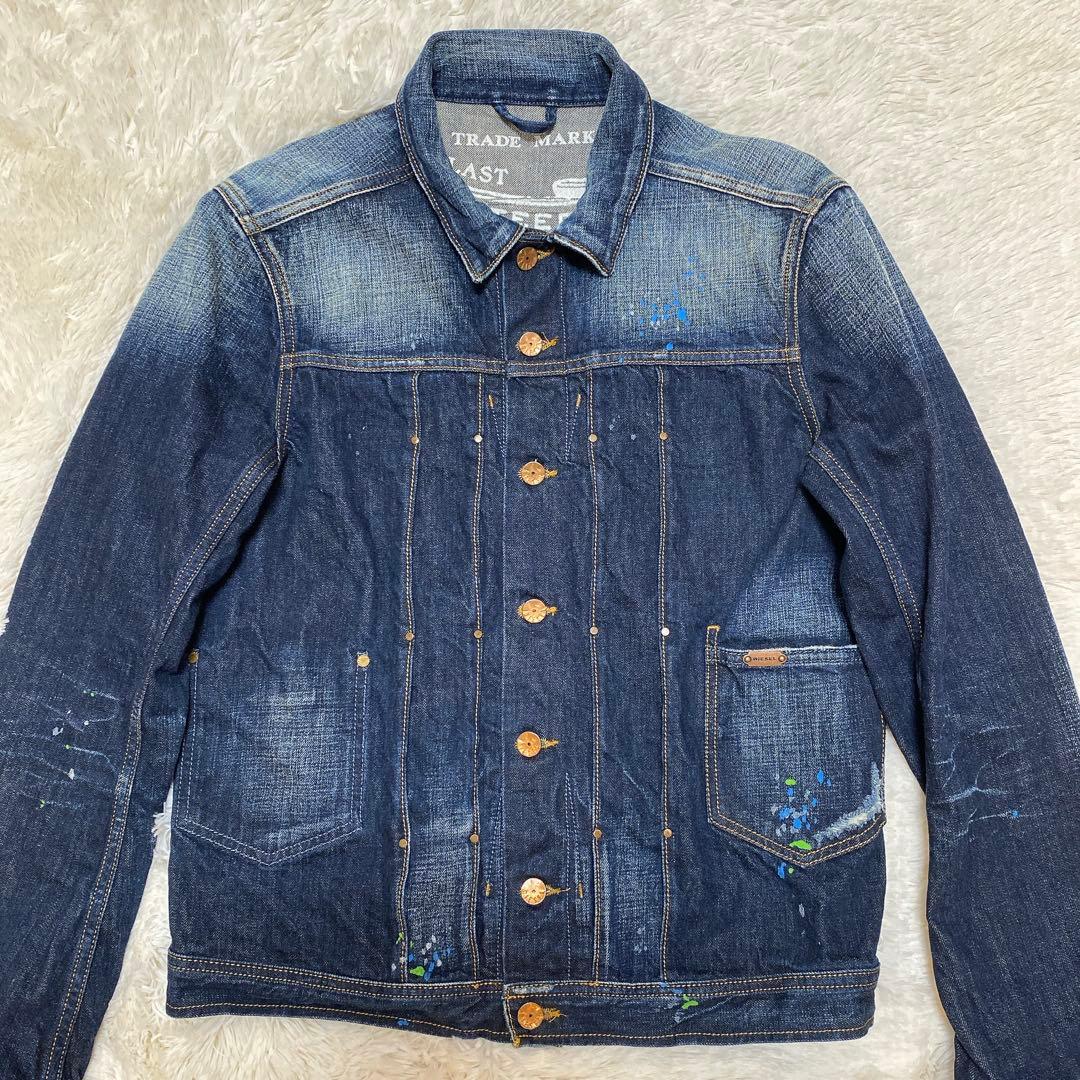 【Ｌサイズ】DIESEL デニムジャケット　ペイント　ダメージ加工　短丈