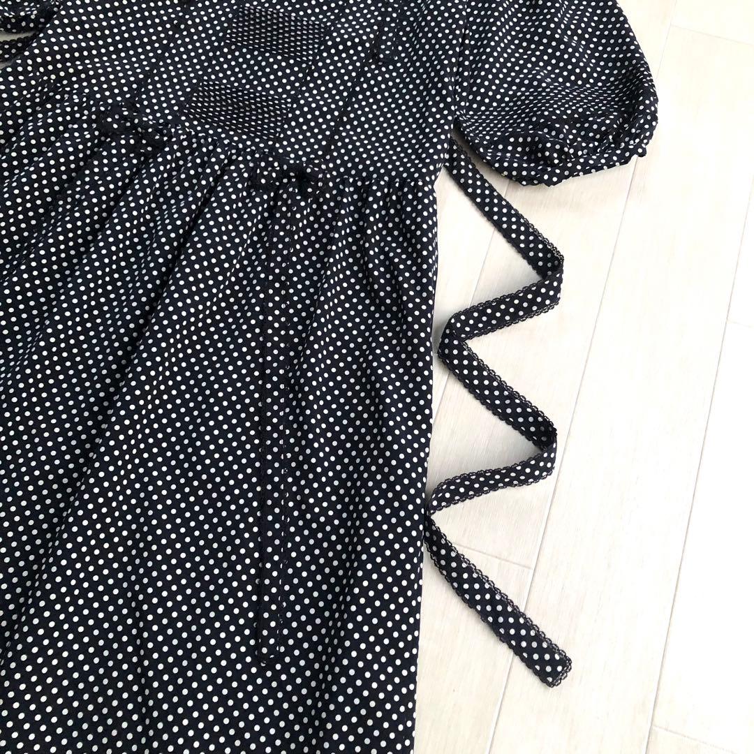 ピンクハウス 紺×白 ドット柄 ピンタック ロゴ刺繍 リボン ポリ ワンピース
