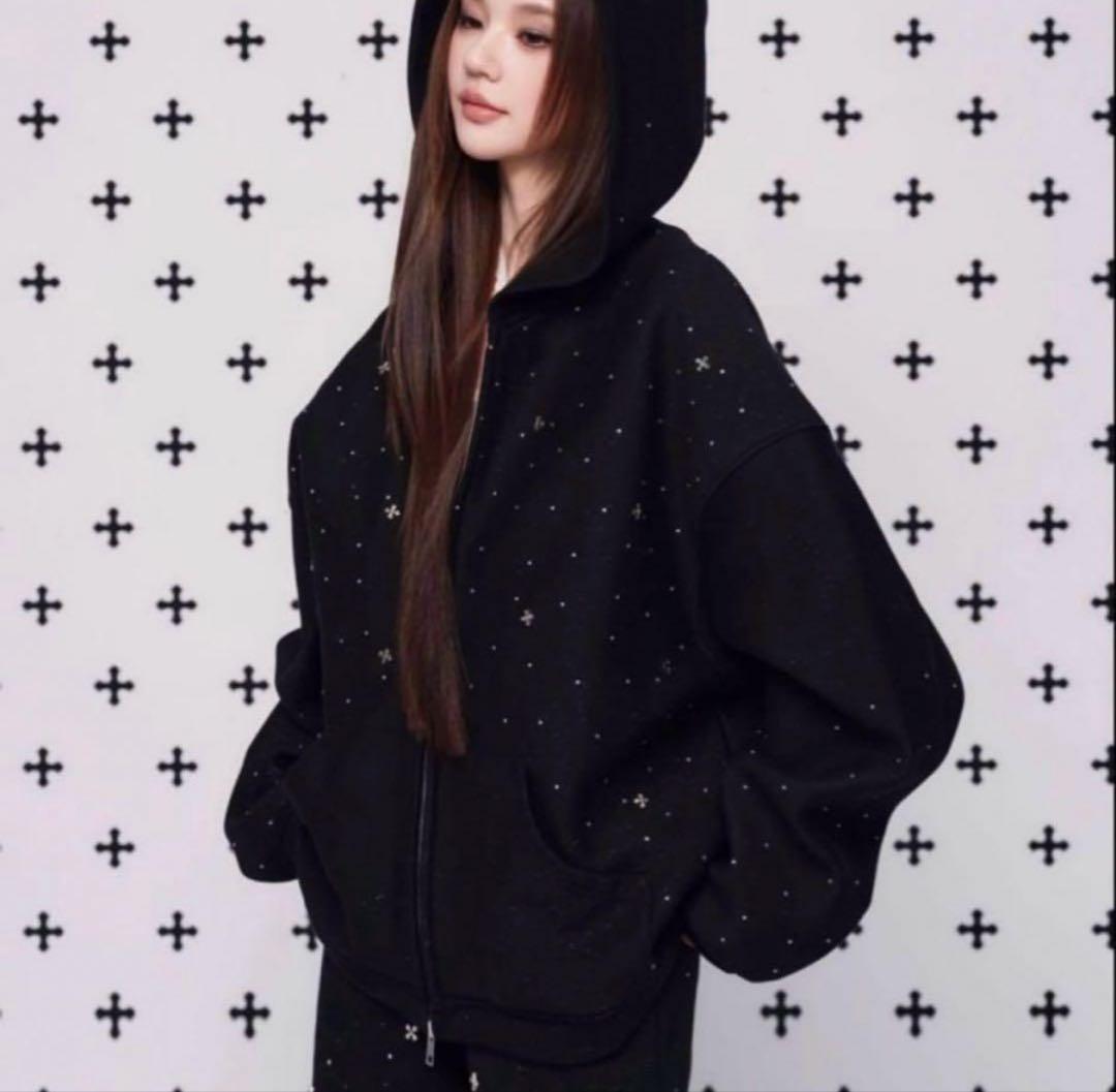 トップス ANDWANG Kirakira jewel zip upblack M