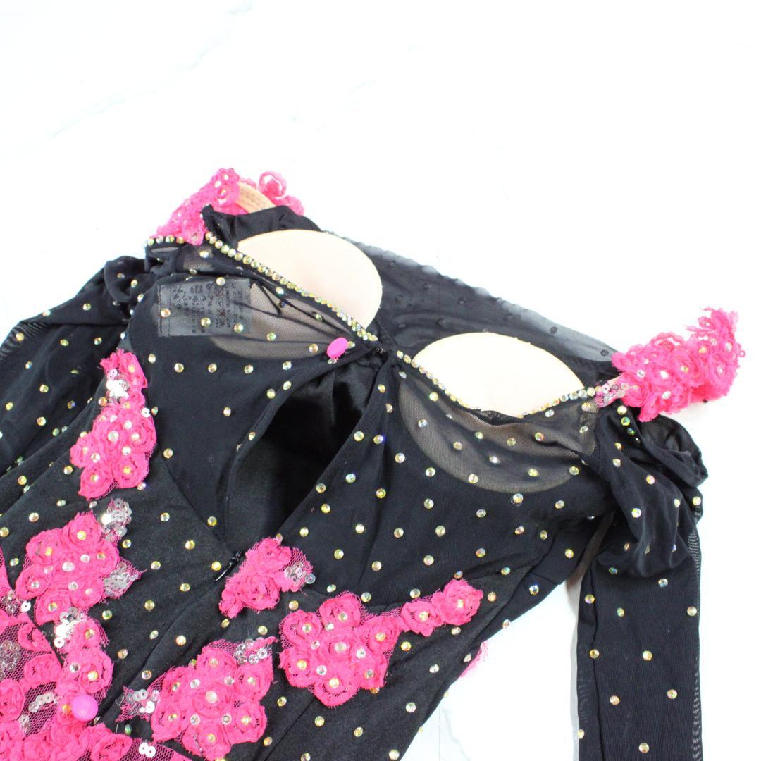 【美品 社交ダンス衣装】ワンピース ドレス 黒 ブラック ピンク マゼンダ 花柄