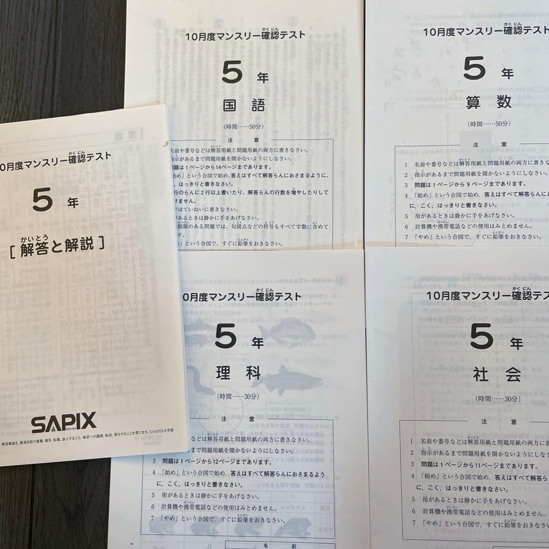 【SAPIX】5年生復習テスト確認テスト　入室テスト以外3月ー10月
