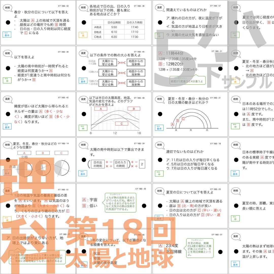 中学受験 暗記カード【5年下 理科全セット 1-18回】予シリ 組分けテスト