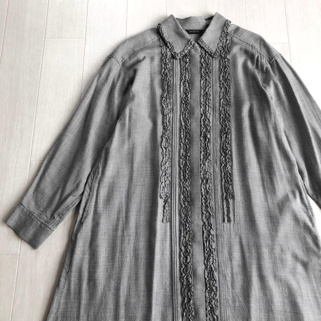 インゲボルグ 白×黒 チェック 千鳥柄 ピコフリル ワンピース