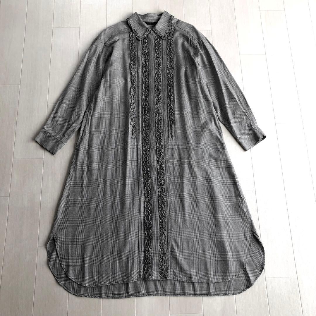 インゲボルグ 白×黒 チェック 千鳥柄 ピコフリル ワンピース
