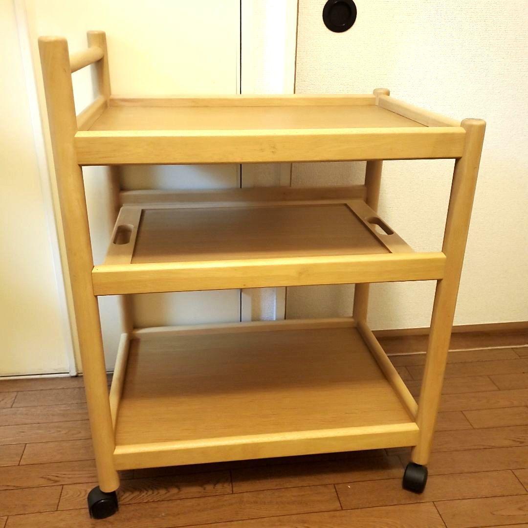 【良品】karimoku キッチン ワゴン キャスター付き トレイ付き 木製
