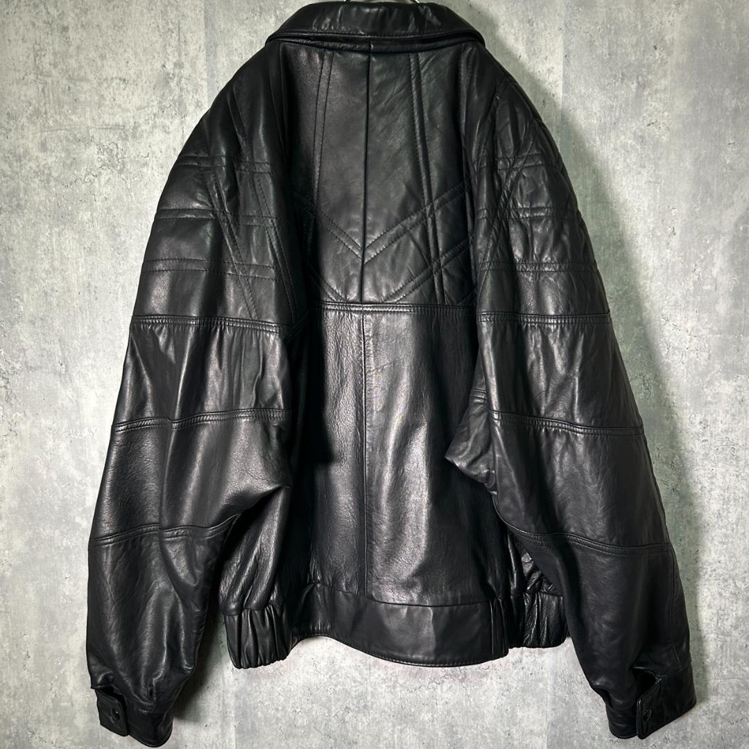 希少 カナダ製 ラムレザージャケット 黒 ステッチデザイン 肩パッドなし