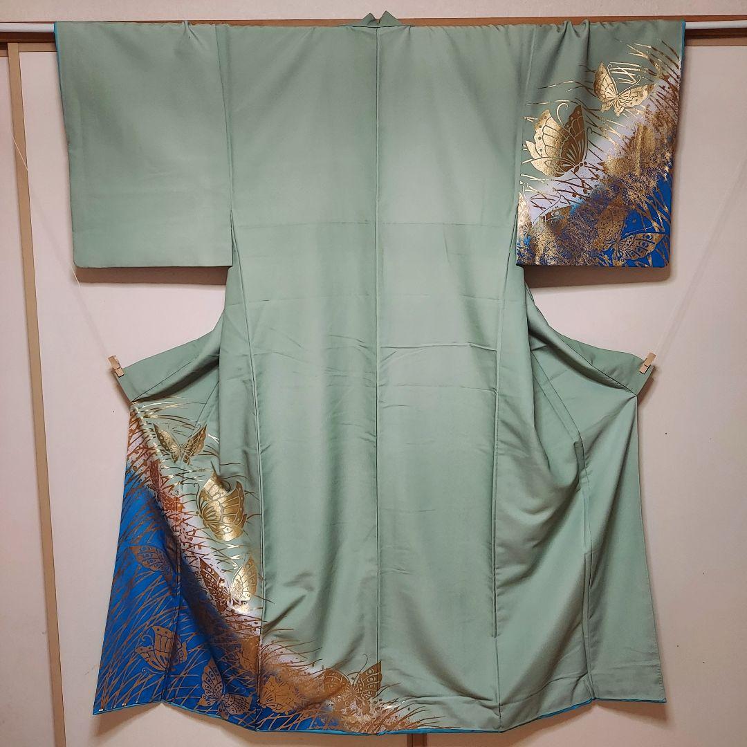男着物　舞台衣裳　着物　袷　ふき綿仕立て　金彩　蝶　裄66.5cm　丈153cm
