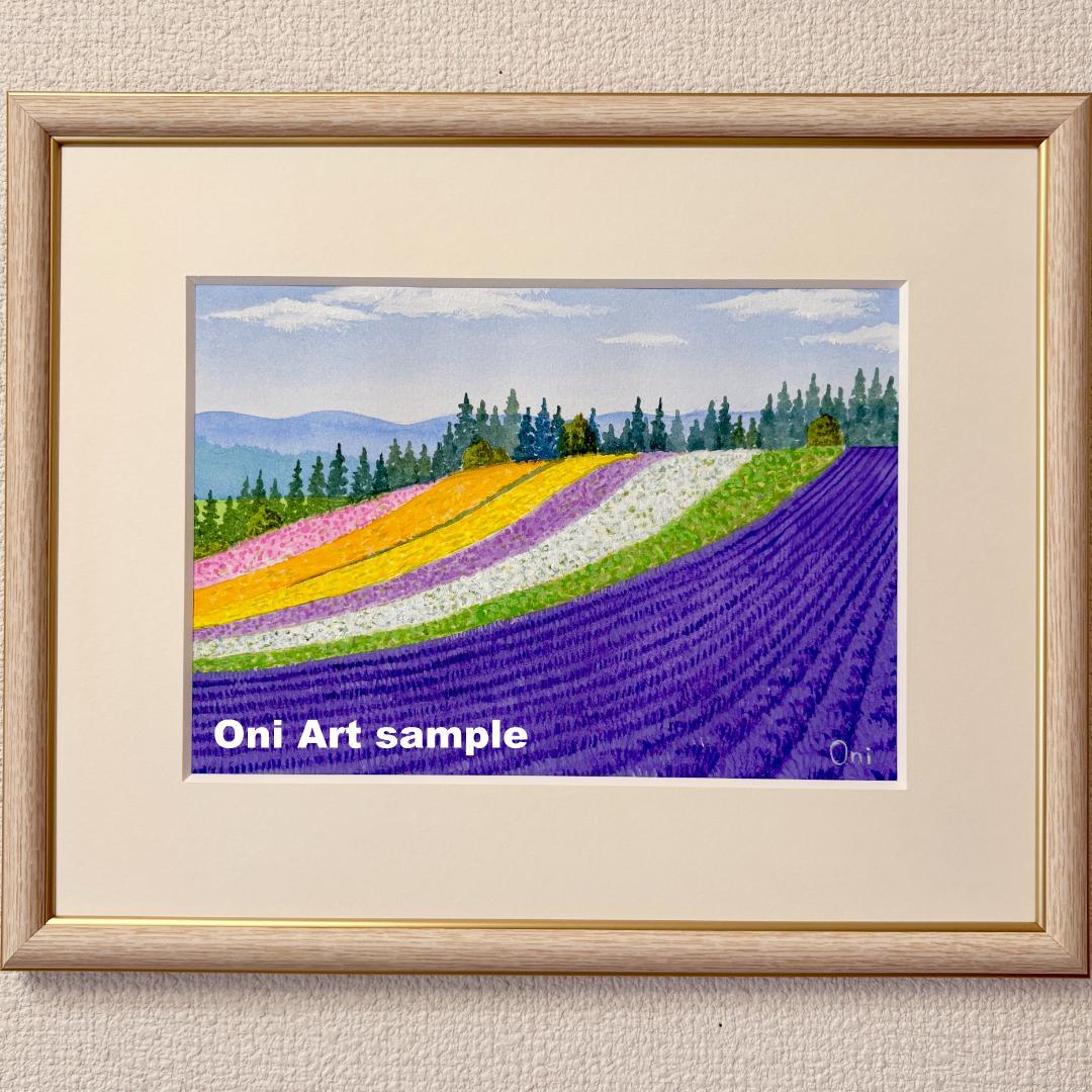 アクリル画　原画　「ラベンダー畑13」額縁付　SMサイズ　風景画