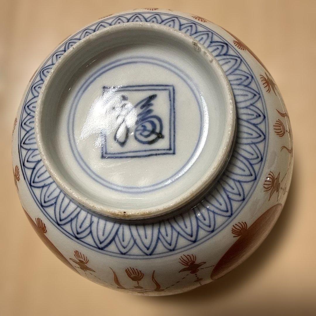 古伊万里 赤玉瓔珞紋 蓋茶碗 一客