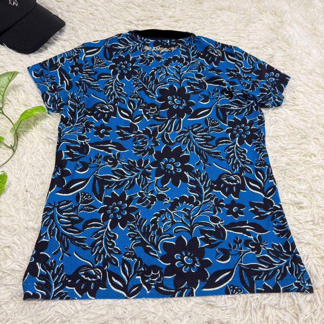 【ビームスゴルフ】美品 ポロシャツ ブルー 花柄 シアサッカー M メンズ