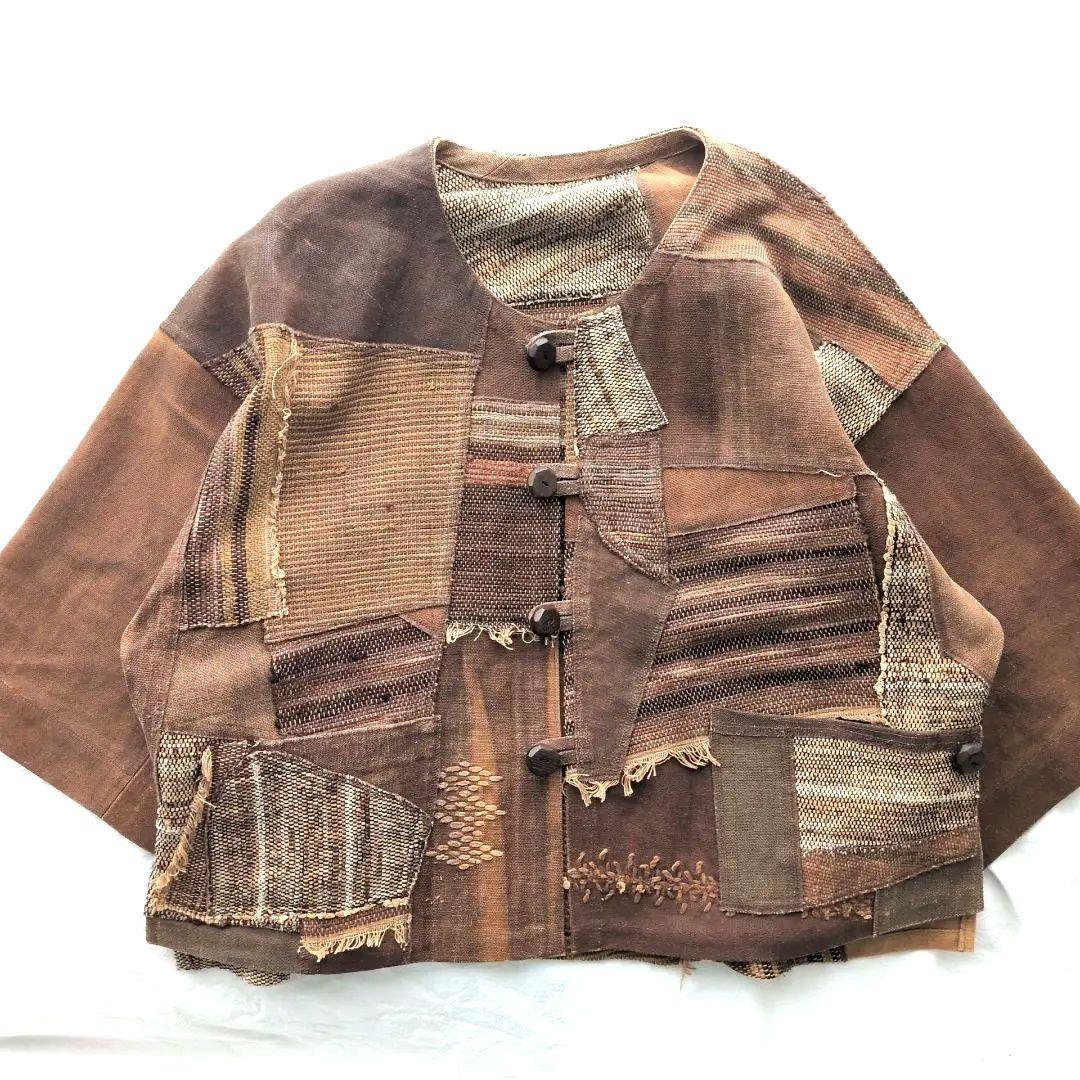 【一点物】日本製 古布 パッチワーク 刺し子 ジャケット 襤褸 創作衣 泥染め風
