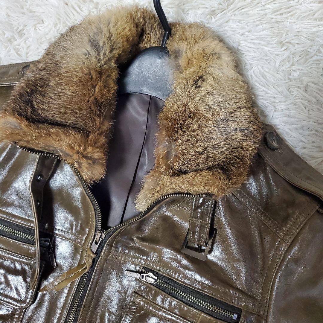 極美品 希少色 Haruf 馬革 襟ボア ライダース シングル L カーキ