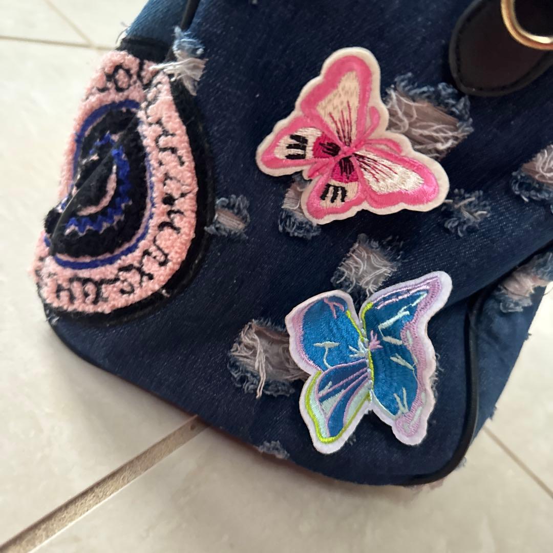 美品 デニムブルー 刺繍パッチ 2wayバッグ