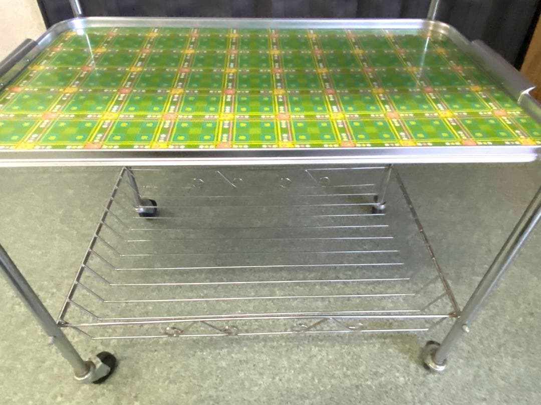 【昭和レトロ】緑のチェック柄キッチンワゴン