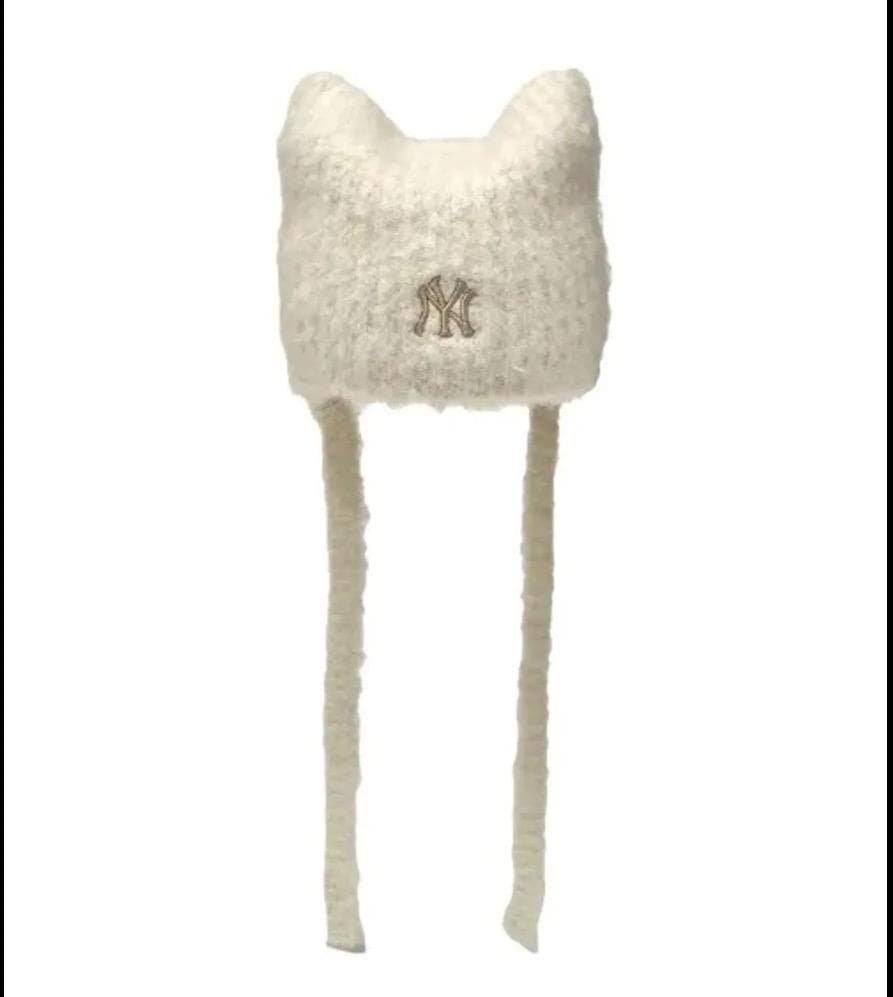 新品大人気♡カリナ着♡MLB korea 猫耳ビーニー　NYロゴホワイト