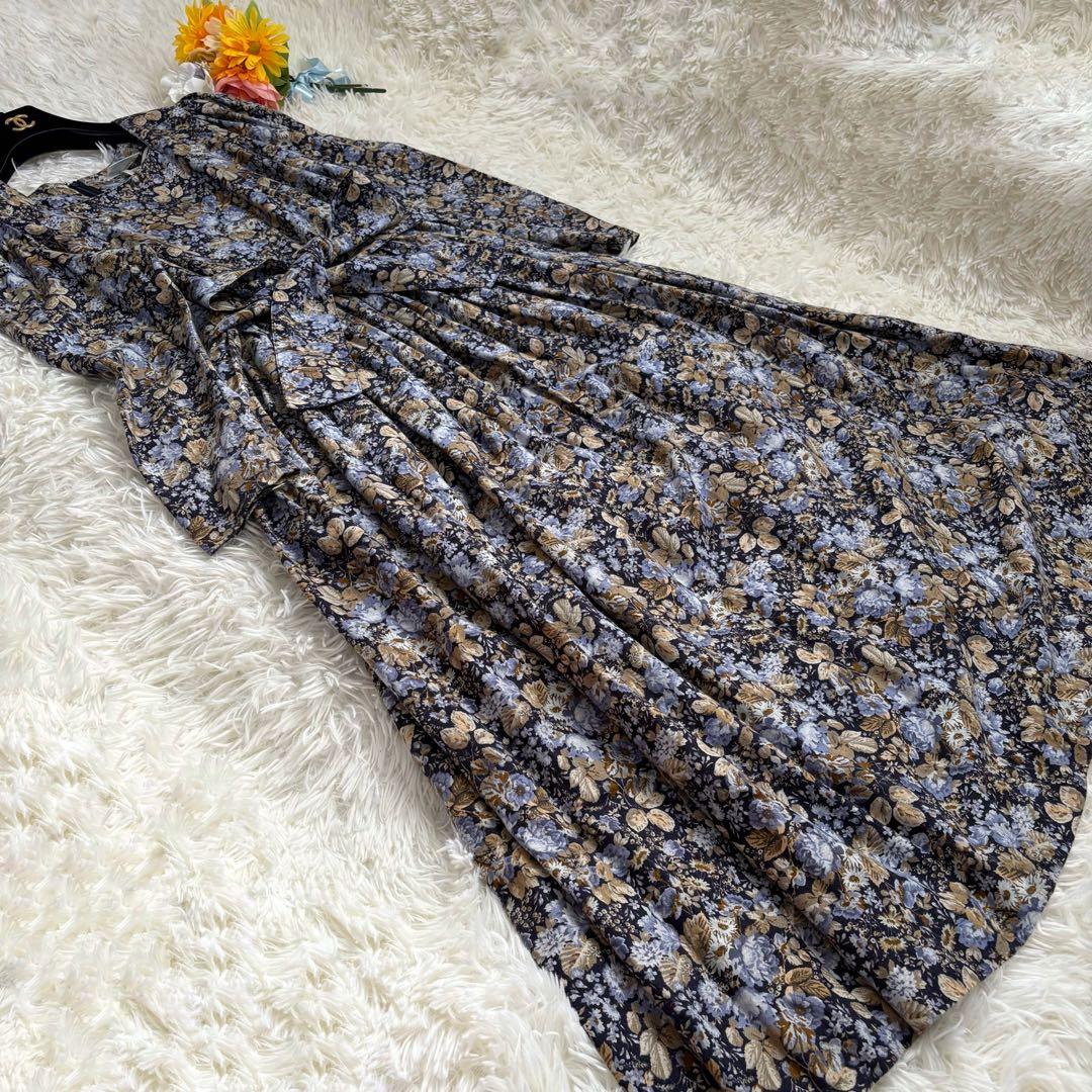 美品　ローラアシュレイ　花　ギャザー　スクエアネック　マキシ　ワンピース　ベルト
