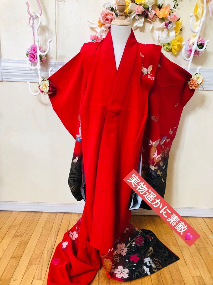 七五三豪華正絹7歳完全フルセット‼️人気赤×黒暈し⭐︎蝶桜流水金彩金箔豪華絢爛銘品