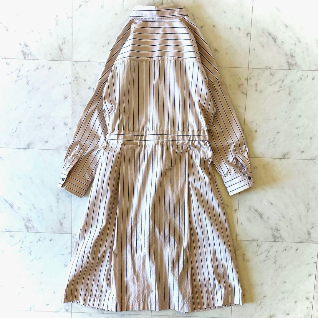 極美品 ANAYI アナイ ストライプ シャツワンピース ベージュ 36 リボン