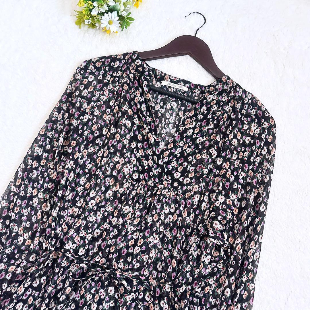 美品 HOUSE OF LOTUS 花柄ロングワンピース ドットフラワー 黒 S